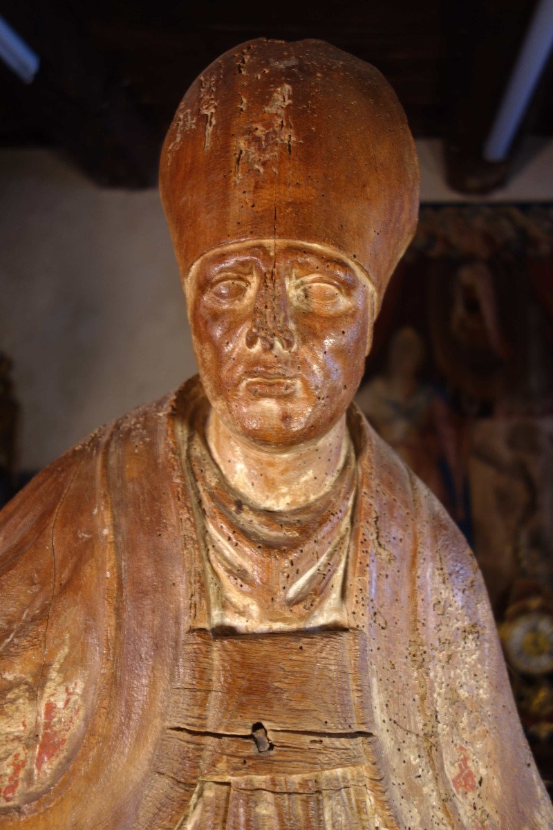 Grande Statue D’évêque Anciennement Polychrome, Début XVIIIe Siècle-photo-2
