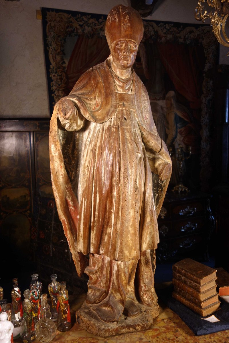Large Bishop Statue Formerly Polychrome, Early 18th Century-photo-4