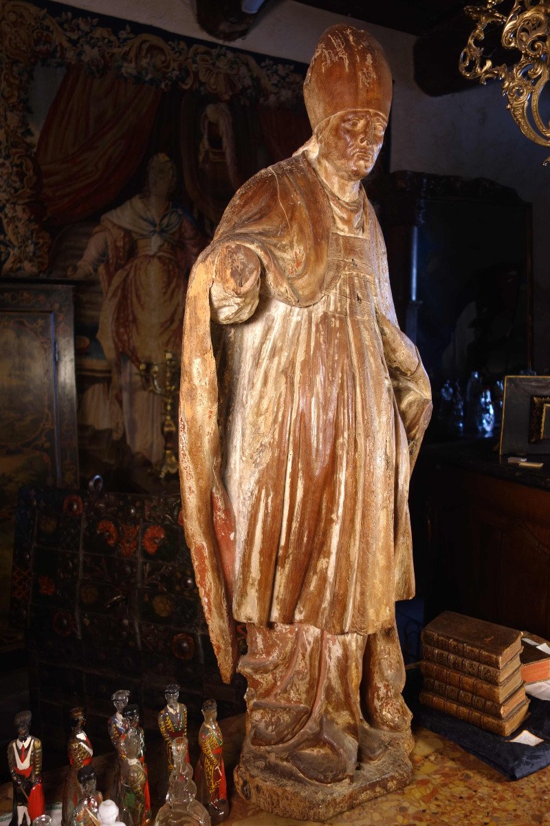 Large Bishop Statue Formerly Polychrome, Early 18th Century-photo-1