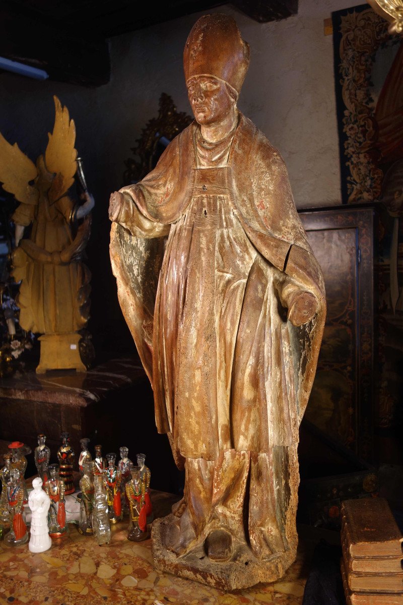 Large Bishop Statue Formerly Polychrome, Early 18th Century-photo-4