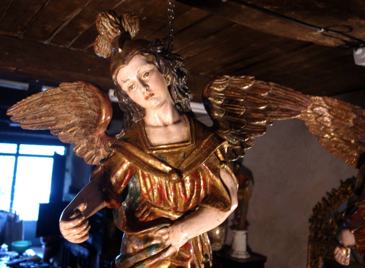 Pair Of Hanging Angels In Polychrome And Gilded Wood -photo-3