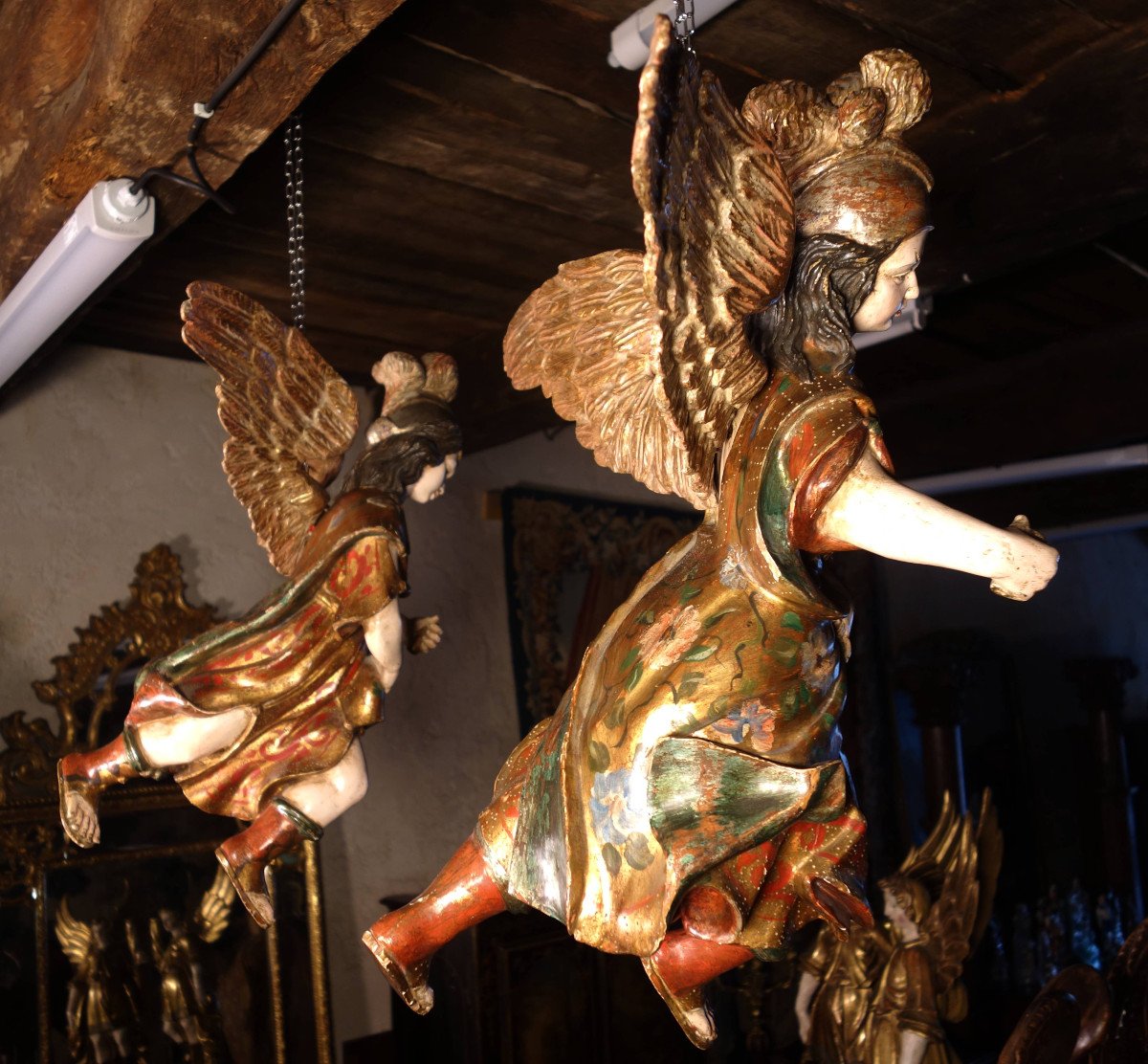 Pair Of Hanging Angels In Polychrome And Gilded Wood -photo-5