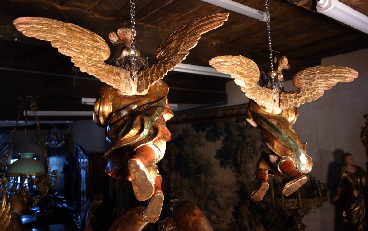 Pair Of Hanging Angels In Polychrome And Gilded Wood -photo-6