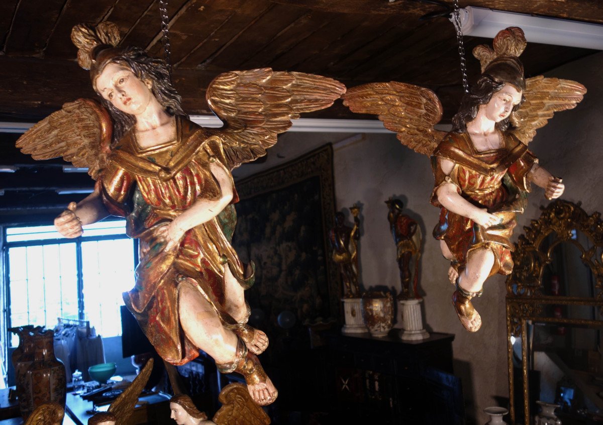 Paire D’anges Suspendus En Bois Polychrome Et Doré -photo-7