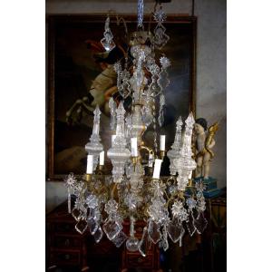 Important Church Cage Chandelier In Cut Crystal