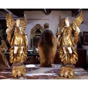 Large Pair Of Angels Flare Holders In Golden Wood, Eighteenth