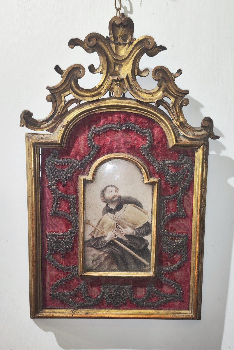 Tableau Ancien De San Francesco Saverio Naples XVIIIe Siècle Avec Cadre En Bois Doré Et Tissu 