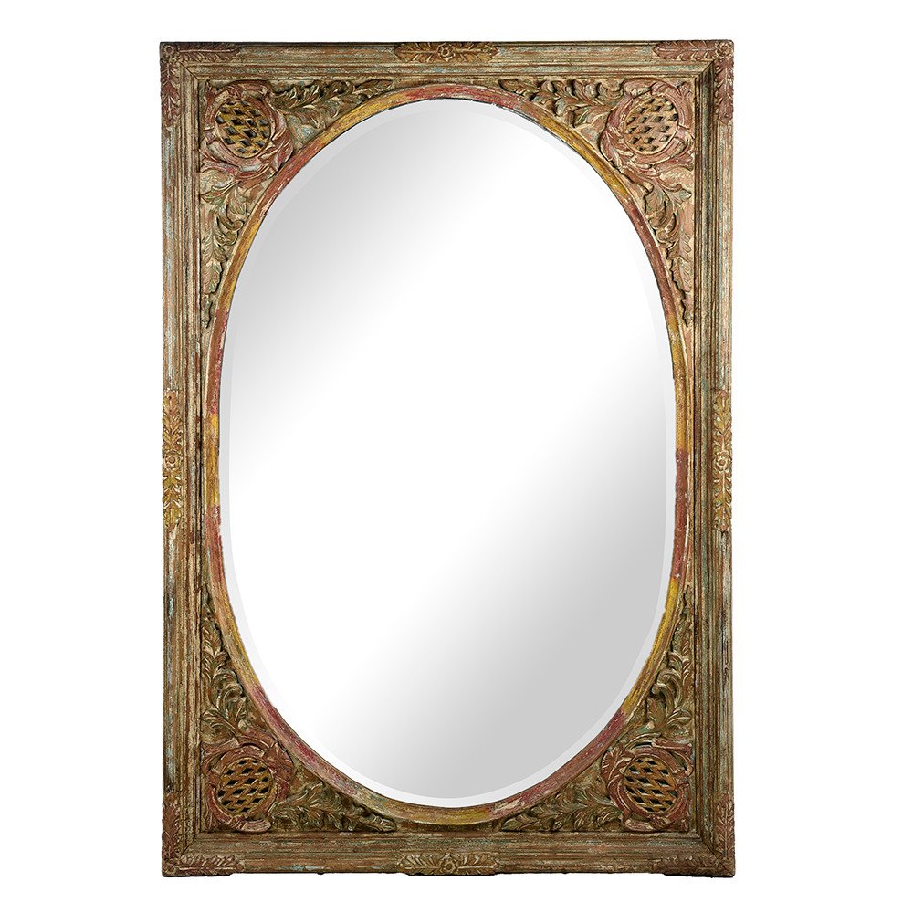 Large Oval Mirror With Carved Solid Wood Structure