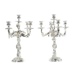 Pair Of Candelabra In Silver Bronze In Art Nouveau Style