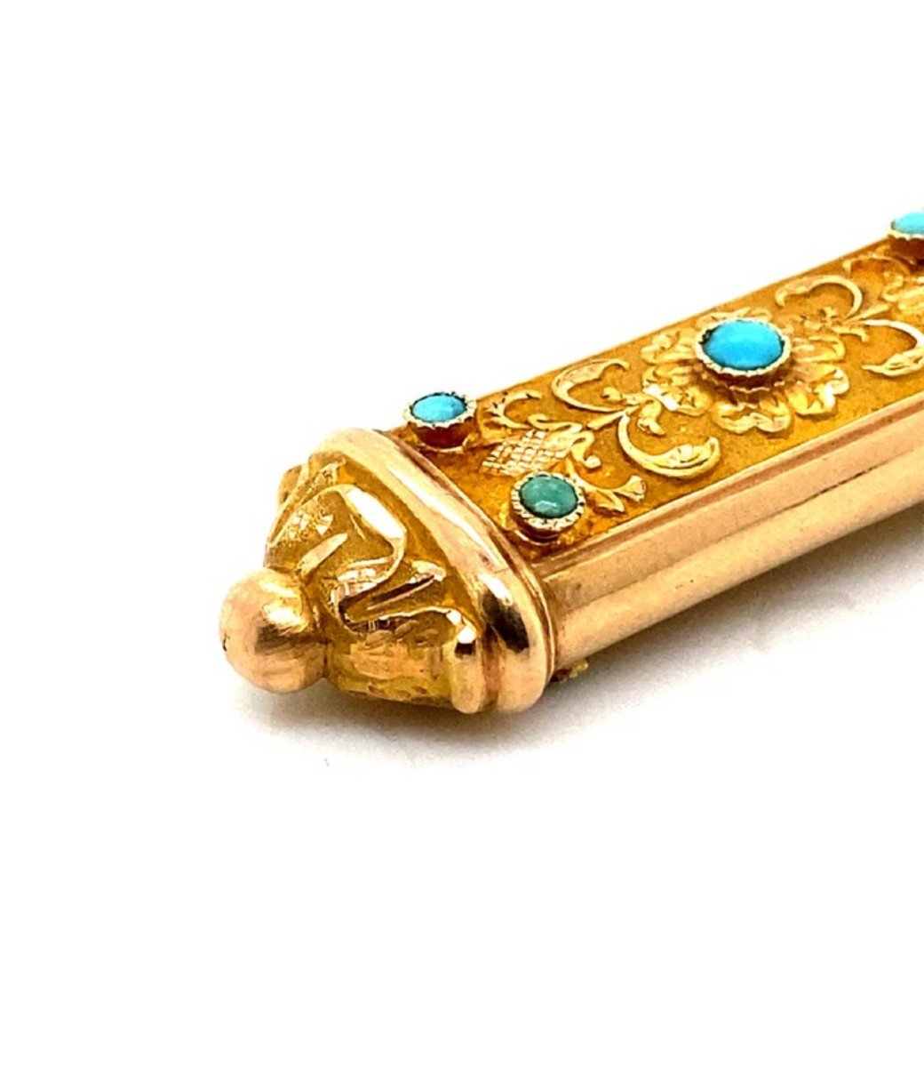 Gold Needle Box 18 Karat Finely Chiselled With Cabochons Turquoises-photo-4