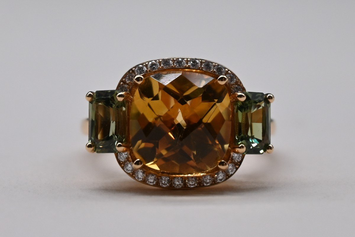 Cocktail Ring 18 Carat Rose Gold Citrine Diamonds Sapphires-photo-2