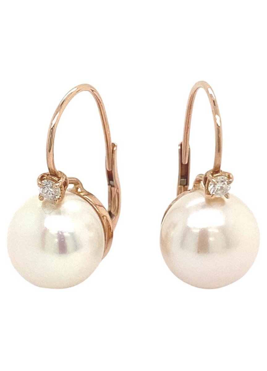 French Earrings In Rose Gold, Pearl And 0.14 Carat Diamonds