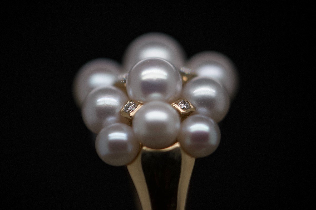 Bague En Or 18 Carats Ornée De Perles Et De Diamants De 0,180 Carats-photo-3