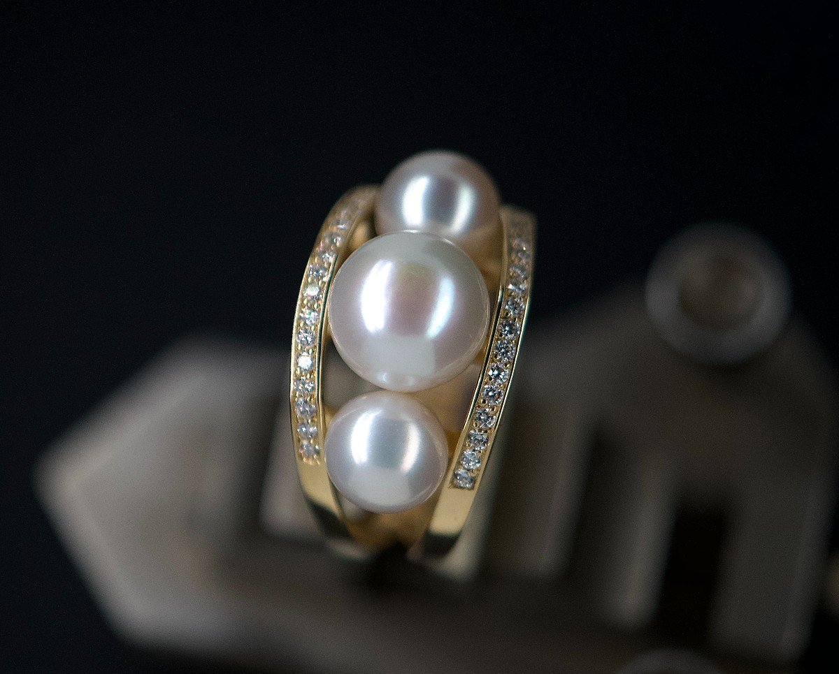 Bague En Or 18 Ct Ornée De Perles Et De 0,300 Ct De Diamants-photo-1