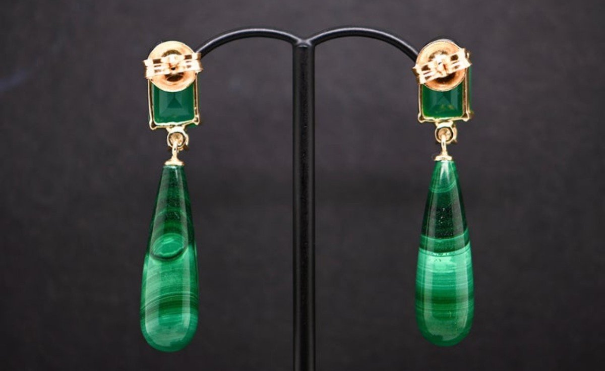 Boucles d'Oreilles En Malachite Et Agate Verte Ornées De Diamants De 0,14 Carat-photo-1