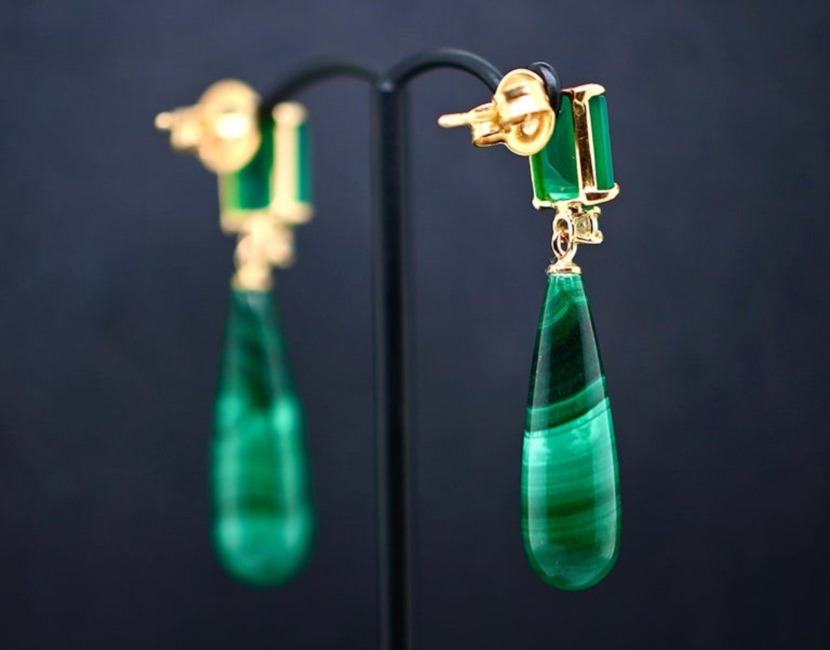 Boucles d'Oreilles En Malachite Et Agate Verte Ornées De Diamants De 0,14 Carat-photo-2