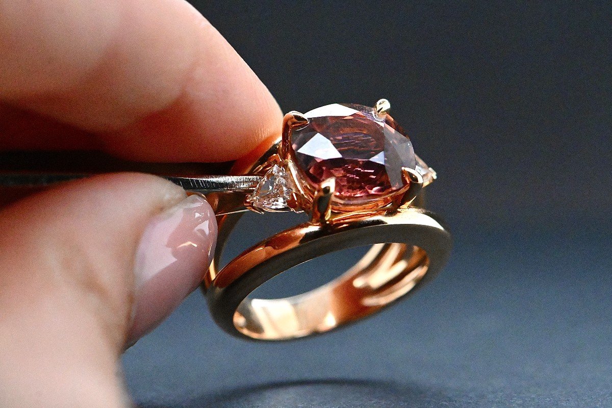 French Ring In Rose Gold Adorned With A Pink Tourmaline And 2 Troida Diamonds-photo-2