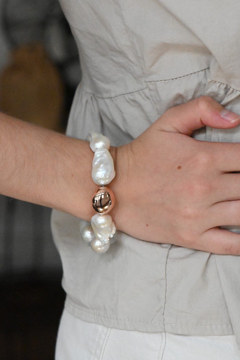Baroque Pearl And Pearl Bracelet In 18k Rose Gold-photo-4