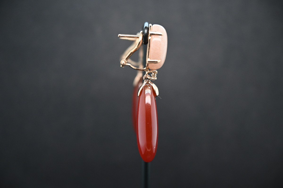 Peach Moonstone Cognac Diamonds And Red Agate Drop Earrings-photo-2