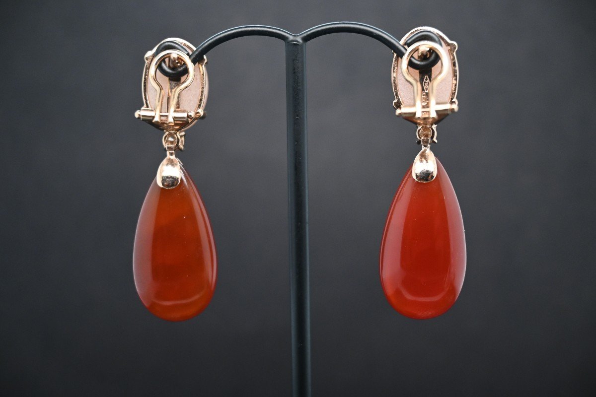 Peach Moonstone Cognac Diamonds And Red Agate Drop Earrings-photo-3