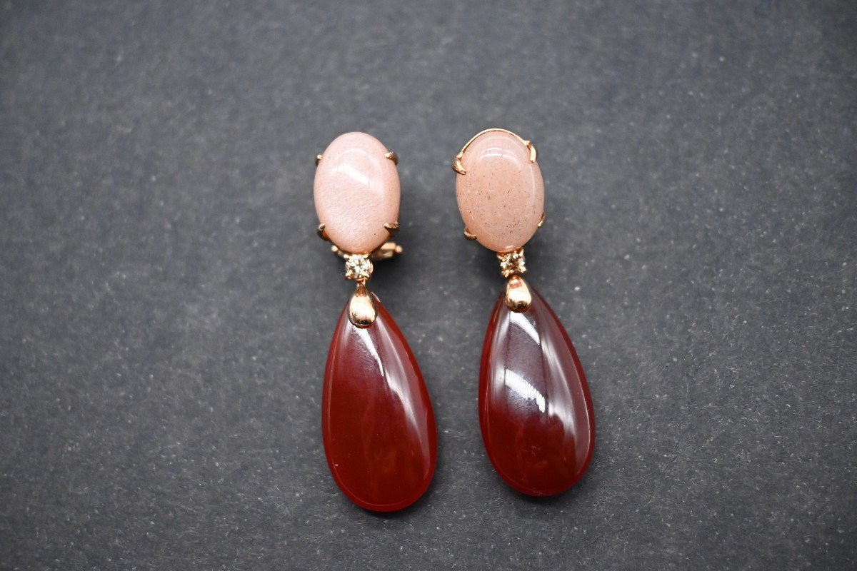 Peach Moonstone Cognac Diamonds And Red Agate Drop Earrings-photo-1