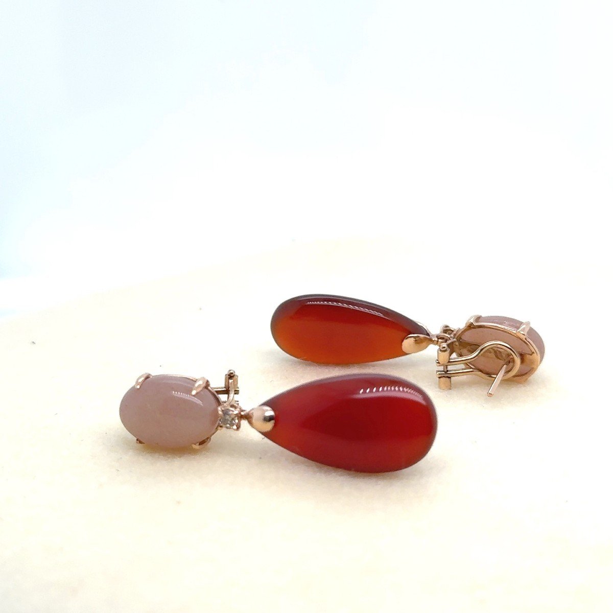 Peach Moonstone Cognac Diamonds And Red Agate Drop Earrings-photo-2