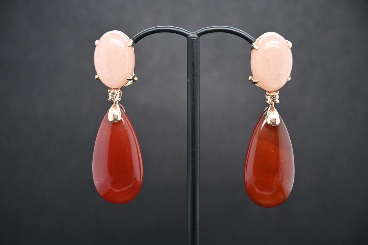 Peach Moonstone Cognac Diamonds And Red Agate Drop Earrings