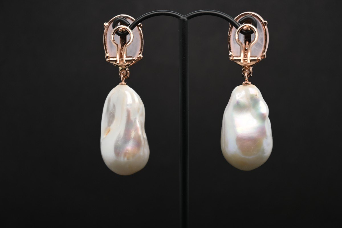 Boucles d'Oreille Pendantes Quartz Rose, Diamants Et Perles Baroques-photo-2