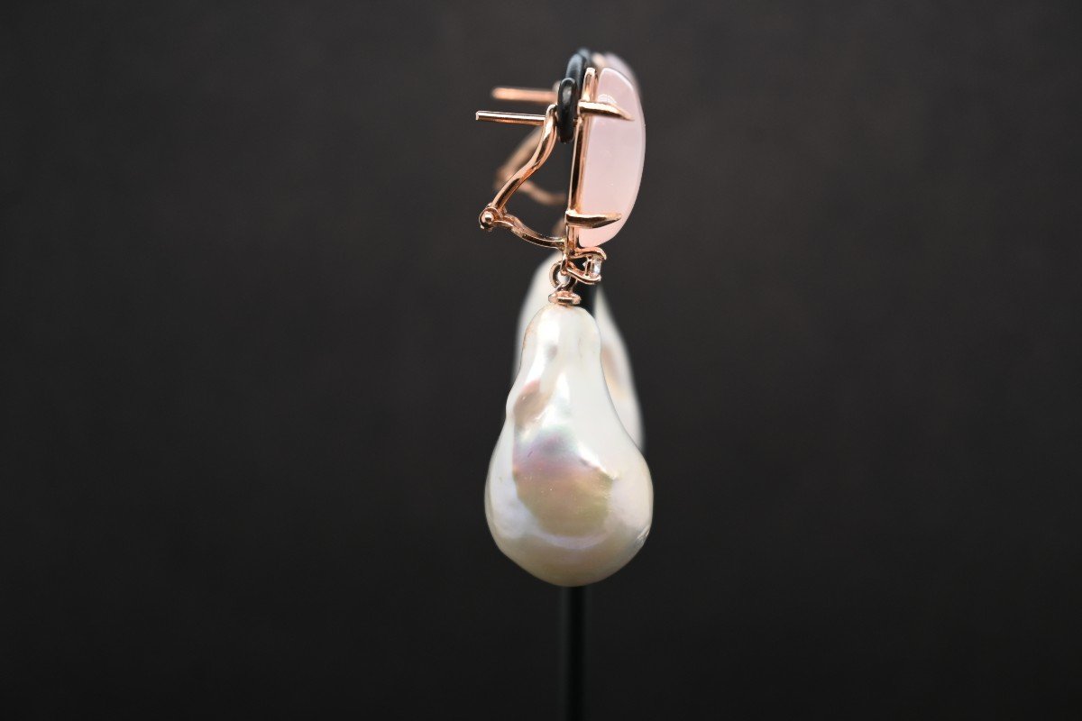 Boucles d'Oreille Pendantes Quartz Rose, Diamants Et Perles Baroques-photo-4