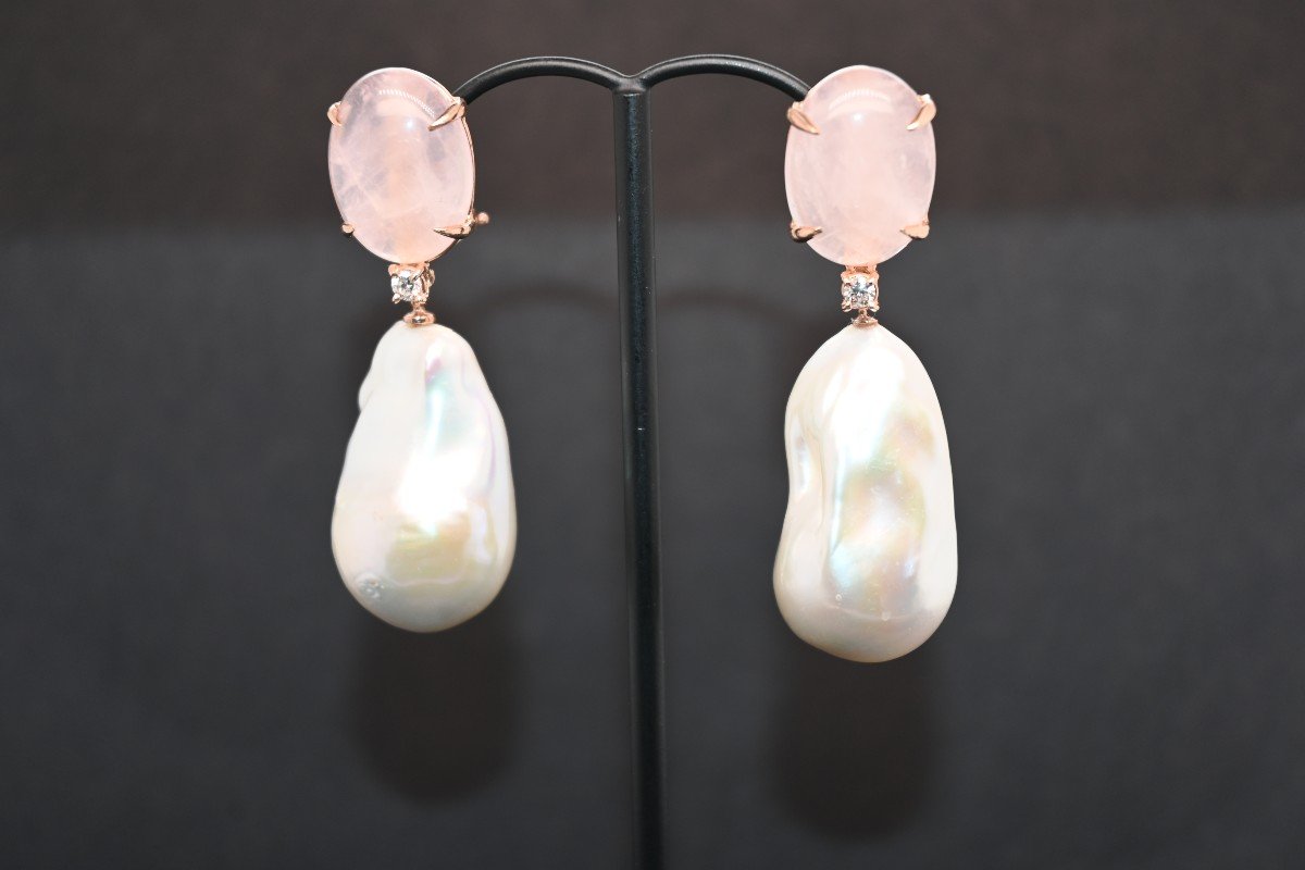 Boucles d'Oreille Pendantes Quartz Rose, Diamants Et Perles Baroques