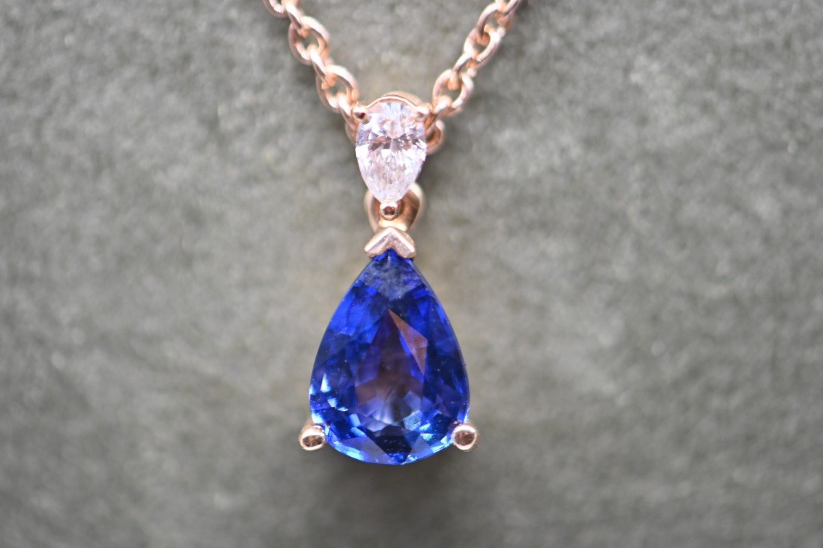 Collier Saphir Vivid Bleu, Diamant, Or Rose 18 Carats-photo-4