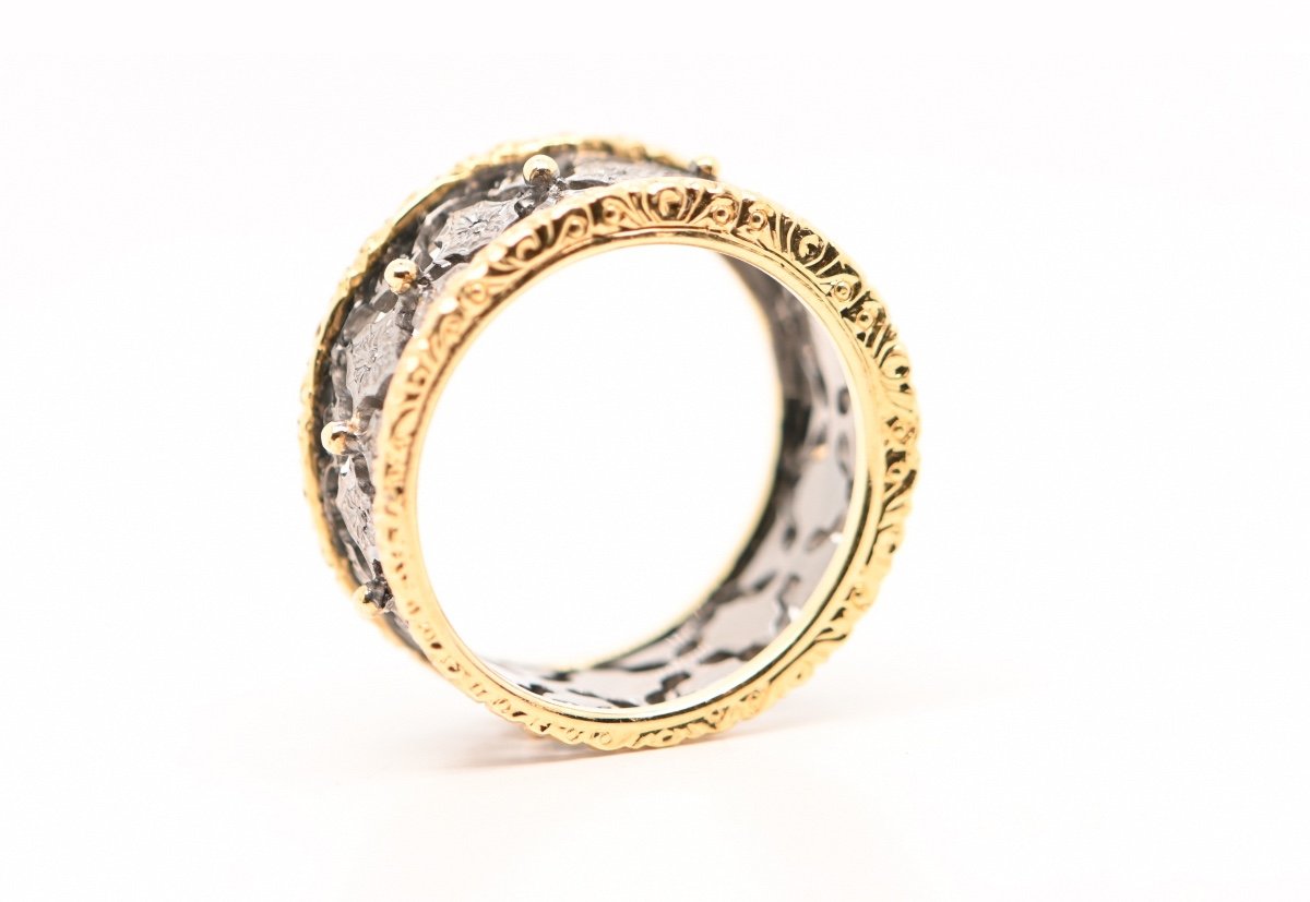 18 Carat Yellow And Black Gold Ring With Lace And Gold Pearl Details-photo-3