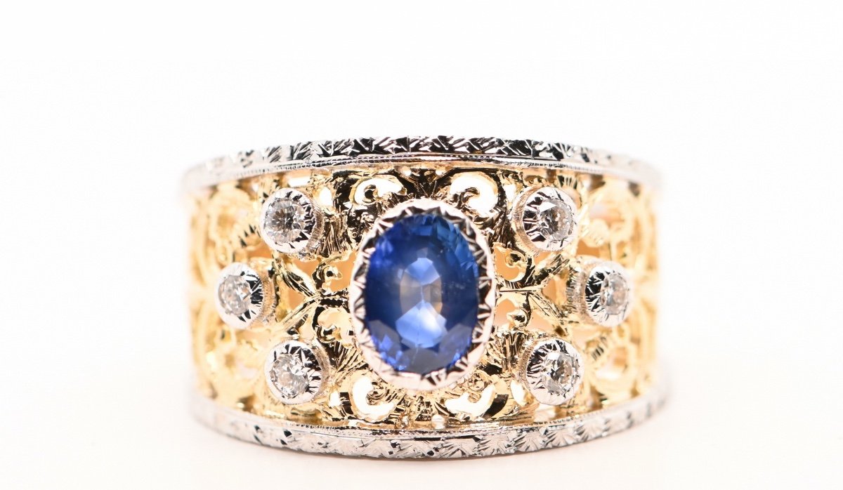 Ring Sapphire 0.95 Carats Diamonds 0.18 Carats Two-tone 18 Carat Gold-photo-4