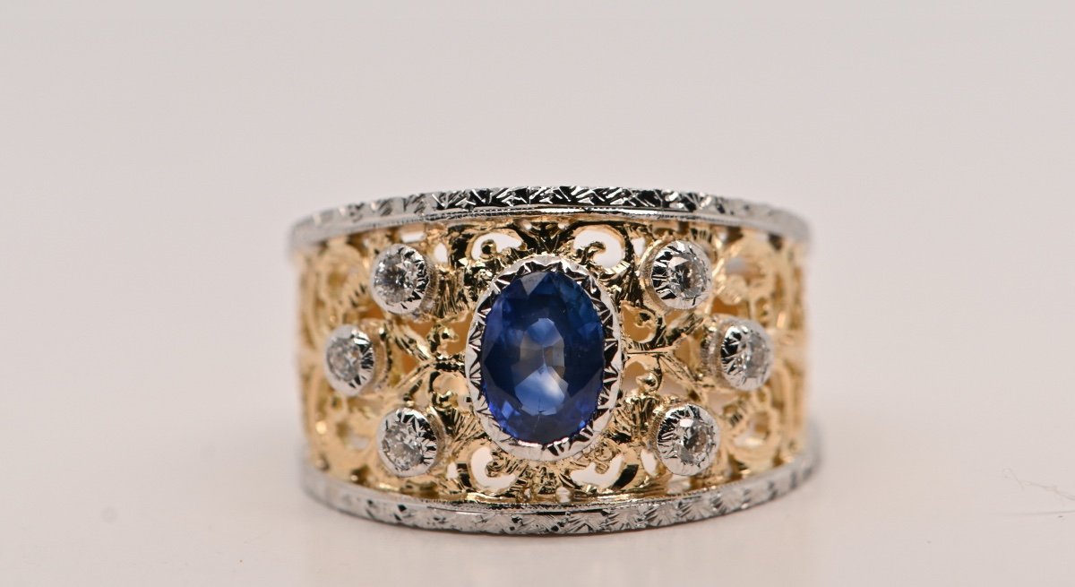 Ring Sapphire 0.95 Carats Diamonds 0.18 Carats Two-tone 18 Carat Gold-photo-2