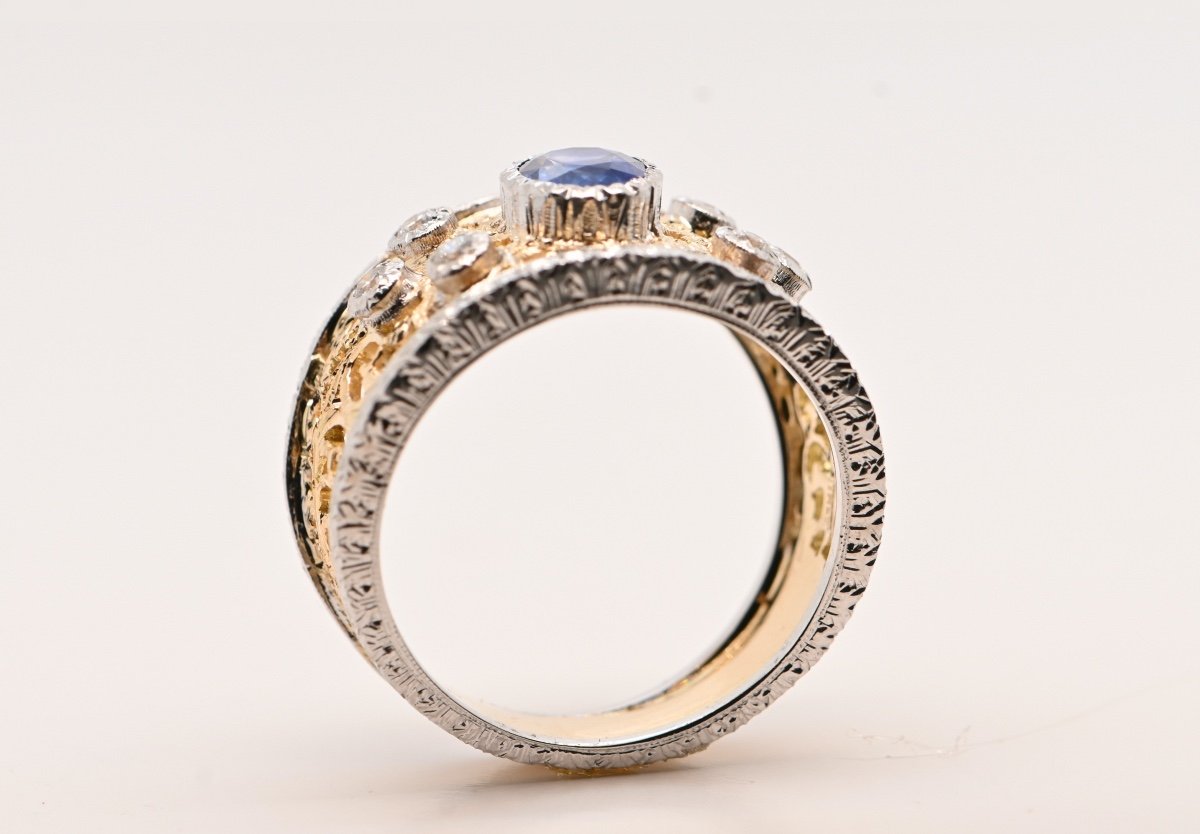 Ring Sapphire 0.95 Carats Diamonds 0.18 Carats Two-tone 18 Carat Gold-photo-3