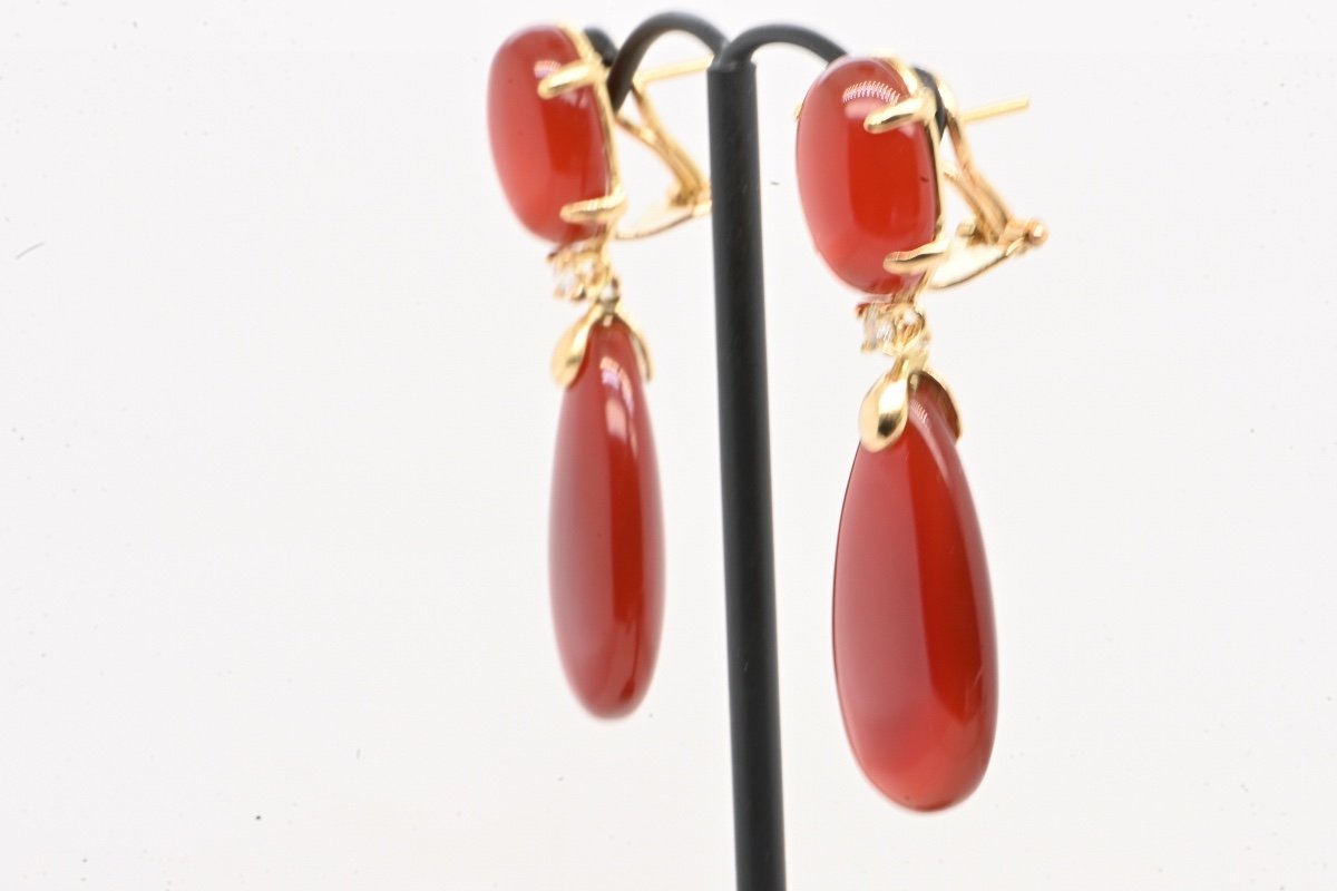 Red Agate Diamond Earrings 0.14 18k Yellow Gold -photo-2