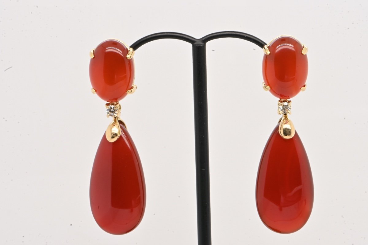 Red Agate Diamond Earrings 0.14 18k Yellow Gold -photo-3