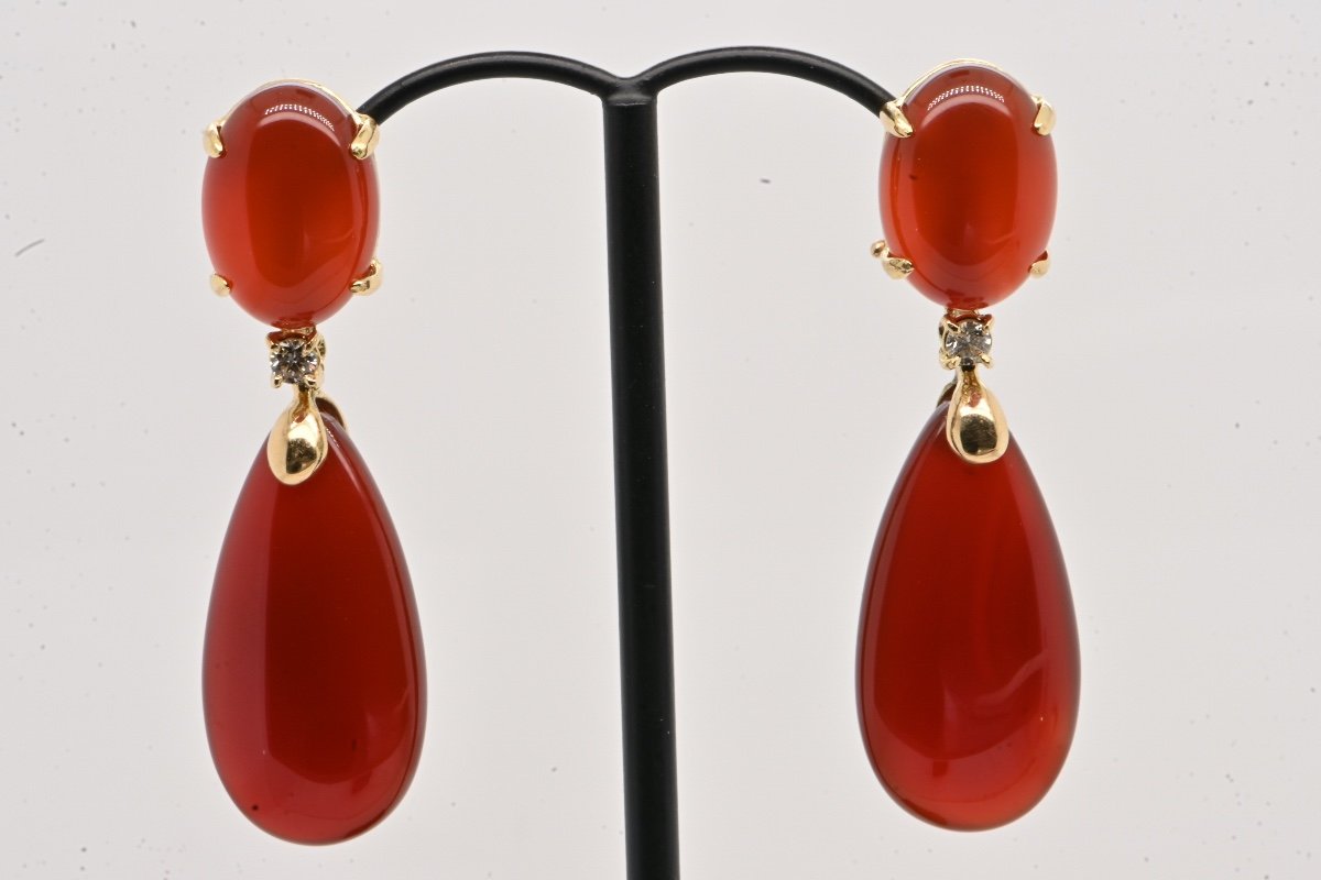 Red Agate Diamond Earrings 0.14 18k Yellow Gold 