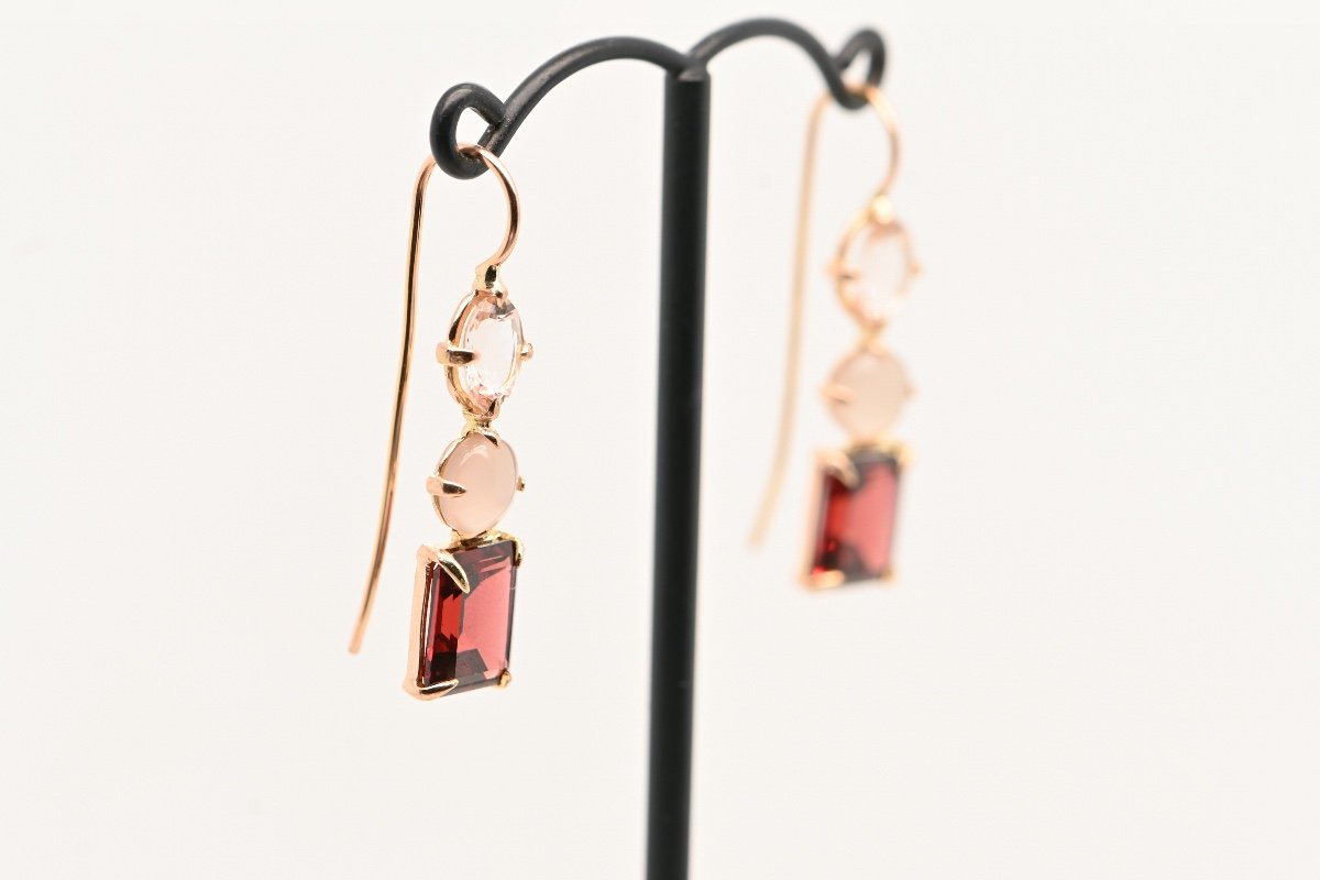 Boucles d'Oreilles Morganite, Agate Grise Et Grenat Or Rose 18 Carats-photo-2