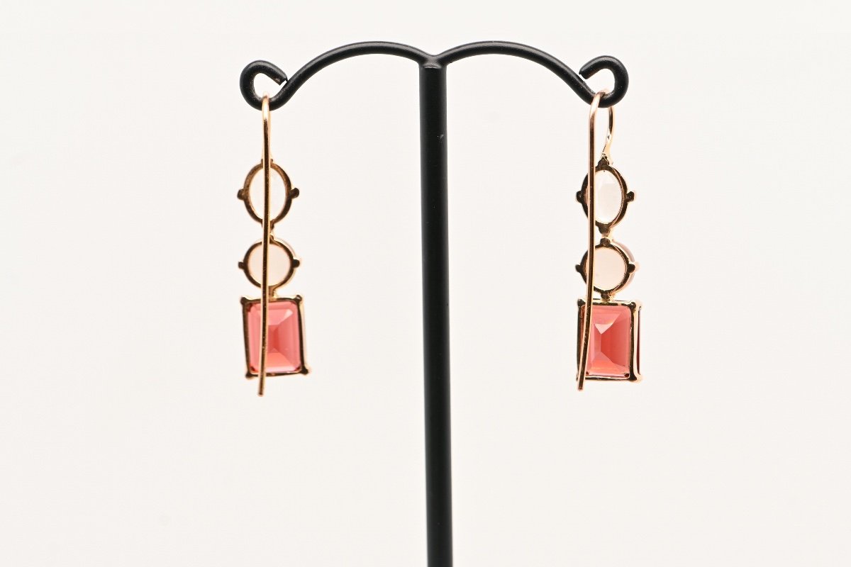 Boucles d'Oreilles Morganite, Agate Grise Et Grenat Or Rose 18 Carats-photo-3