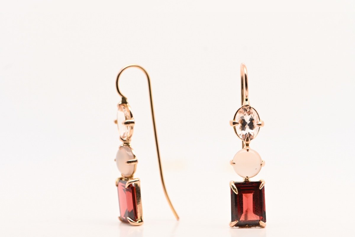 Boucles d'Oreilles Morganite, Agate Grise Et Grenat Or Rose 18 Carats