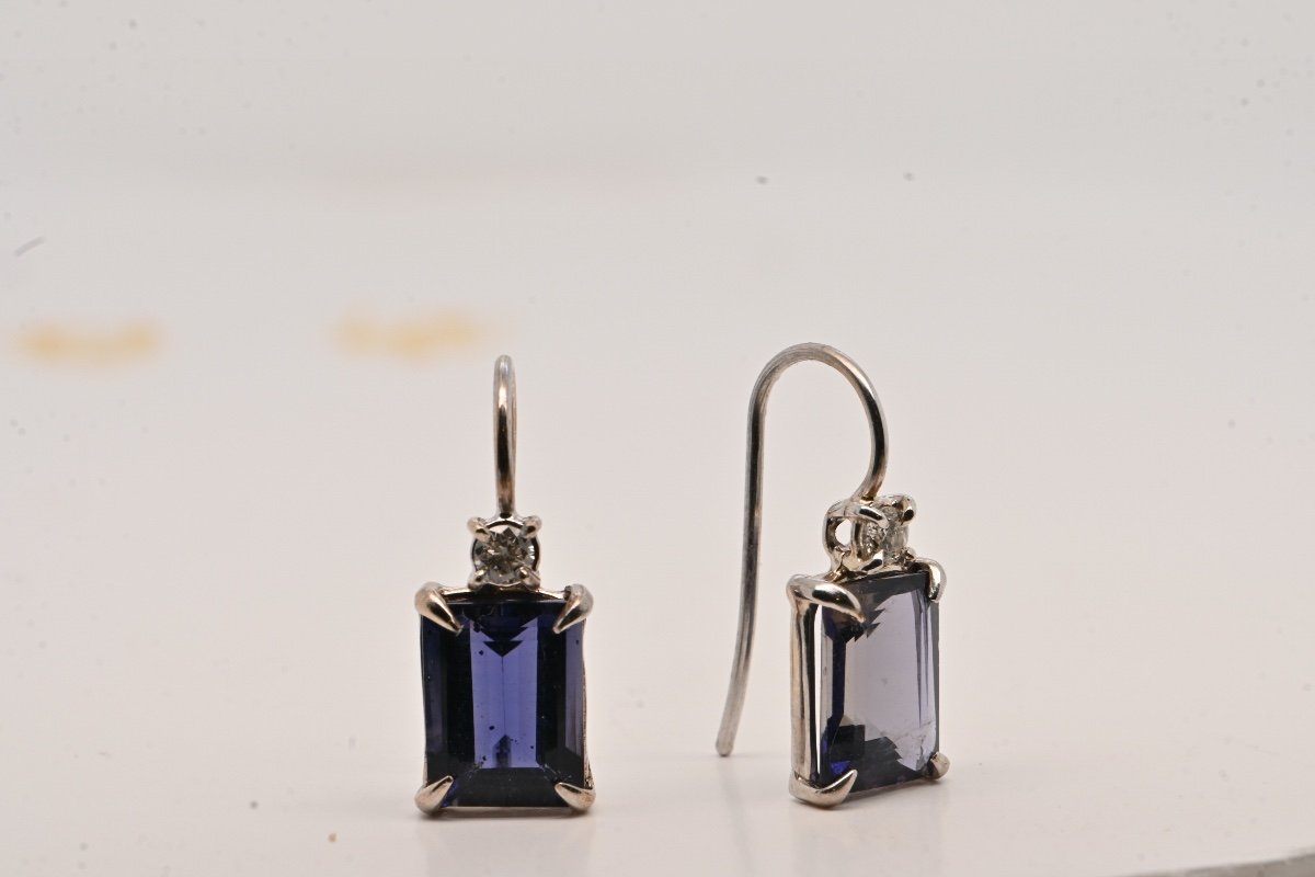 Iolite Diamond Earrings 0.12 Carats 18k White Gold-photo-4