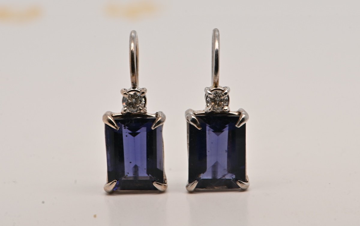 Boucles d'Oreilles Iolite Diamants 0.12 Carats Or Blanc 18 Carats