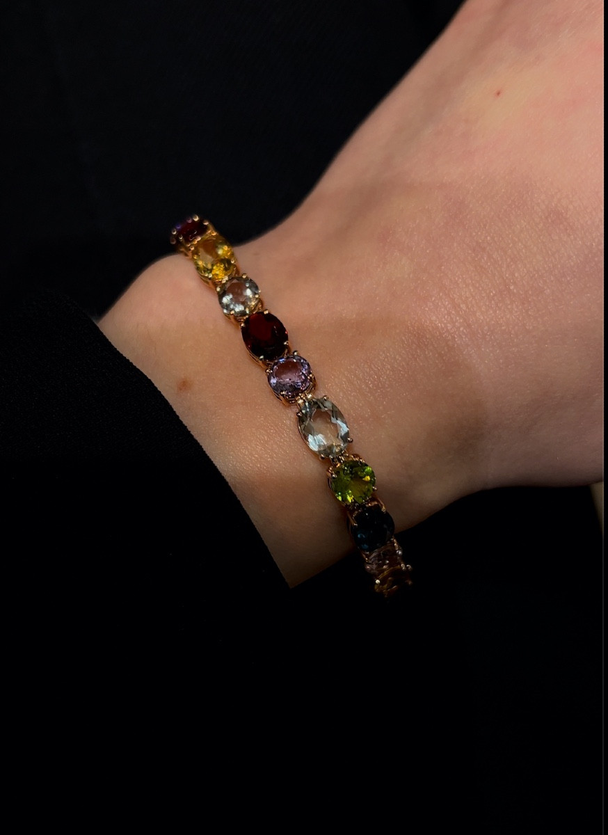 Bracelet En Or Rose 18 Carats, Pierres Semi-précieuses Multicolores Et Souples-photo-1