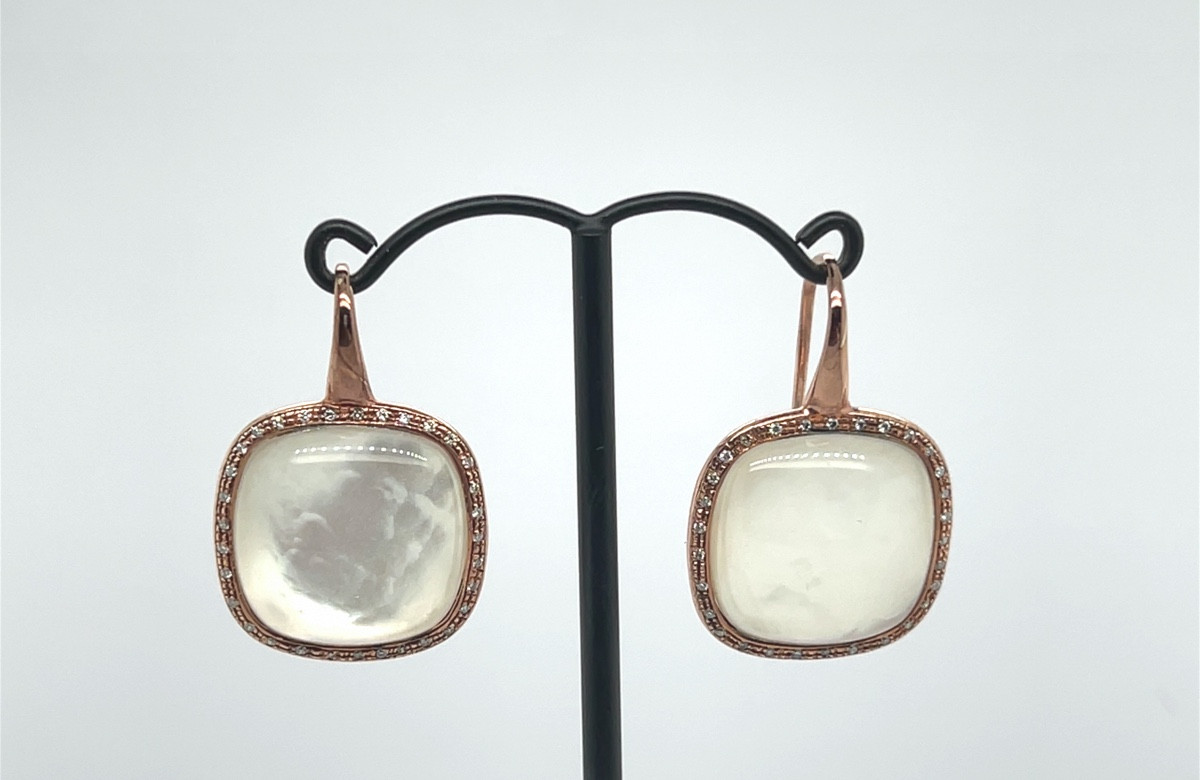 18k Rose Gold Earrings Set With White Quartz Surrounded By Diamonds