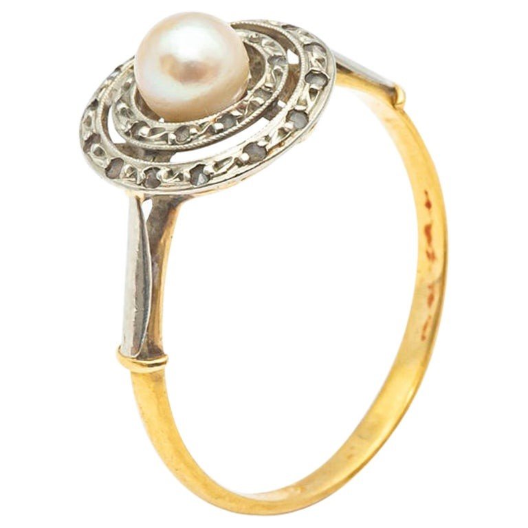 Diamonds Ring Fine Pearls Yellow Gold White Gold 18 Karat