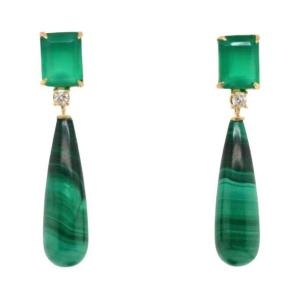 Boucles d'Oreilles En Malachite Et Agate Verte Ornées De Diamants De 0,14 Carat