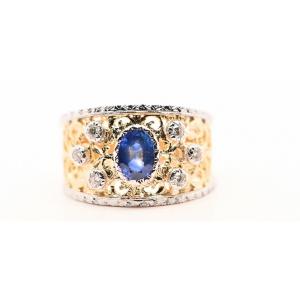 Bague Saphir 0, 95 Carats Diamants 0, 18 Carats Bicolore Or 18 Carats