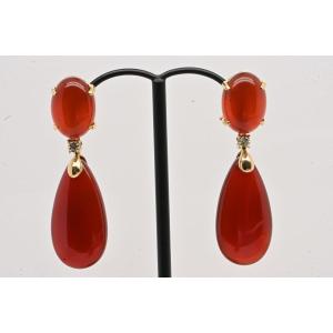 Red Agate Diamond Earrings 0.14 18k Yellow Gold 