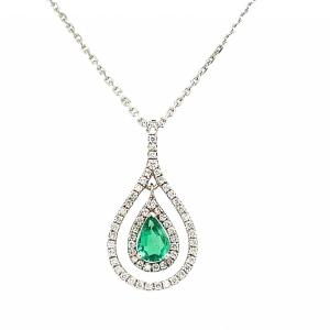 Emerald Pendant Necklace 0.50 Carat Diamonds 0.41 Carats 18 Carat White Gold